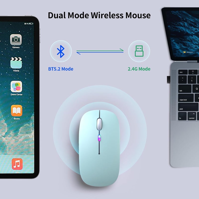 KANMABPC Wireless Bluetooth Mouse – Rechargeable, Silent, Dual Mode (Bluetooth 5.2 & USB) with LED Lights – Portable for Laptop, Desktop, & Tablet(Green) - Image 4